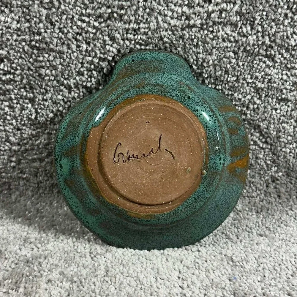 Etched Leaf Spoon Rest Artisan Pottery‎ Trinket Dish Teal Green Signed 5 Inch